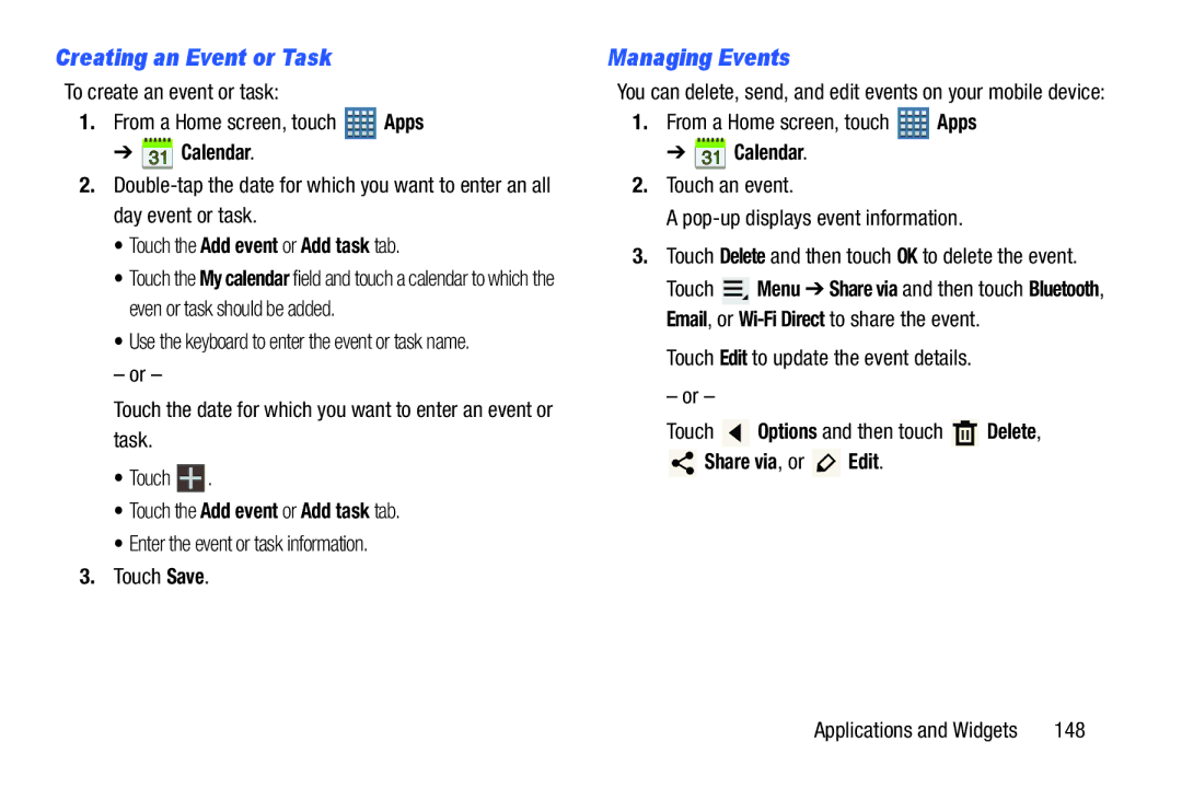 Samsung GT-P7510UWVXAB Creating an Event or Task, Managing Events, Touch the Add event or Add task tab, Share via, or Edit 