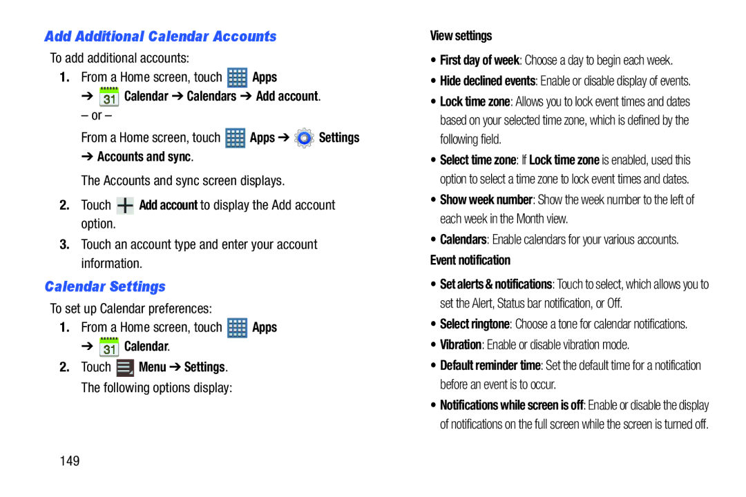 Samsung GT-P7510MAVXAB, GT-P7510UWVXAB Add Additional Calendar Accounts, Calendar Settings, Calendar Touch, View settings 