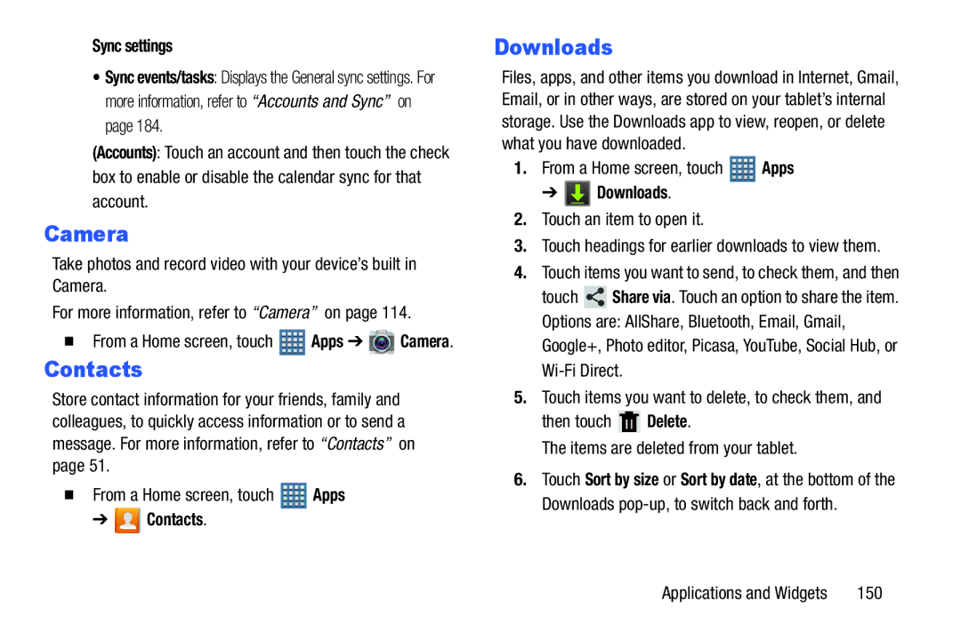 Samsung GT-P7510MAYXAB, GT-P7510UWVXAB, GT-P7510MAVXAB user manual Downloads, Sync settings, Touch an item to open it, 150 