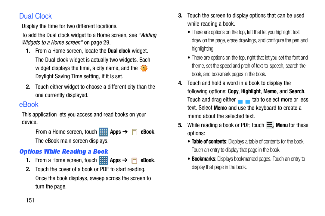 Samsung GT-P7510UWVXAB, GT-P7510MAVXAB, GT-P7510MAYXAB user manual Dual Clock, EBook, Options While Reading a Book 