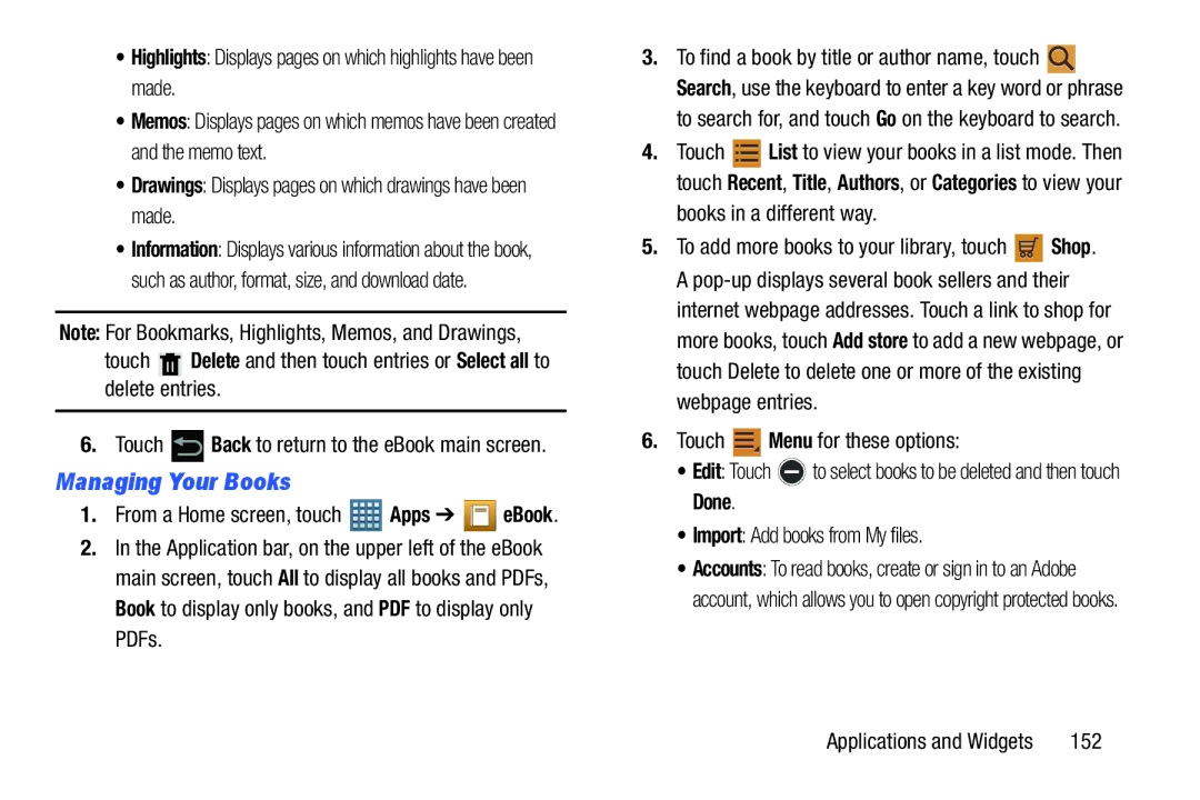 Samsung GT-P7510MAVXAB, GT-P7510UWVXAB, GT-P7510MAYXAB user manual Managing Your Books, Books in a different way, 152 