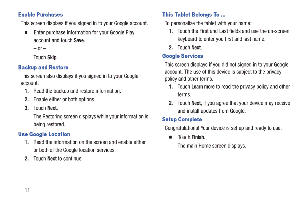 Samsung GT-P7510MAVXAB Enable Purchases, Backup and Restore, Use Google Location, This Tablet Belongs To, Google Services 