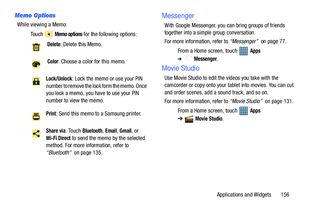 Samsung GT-P7510MAYXAB Memo Options, While viewing a Memo, Delete Delete this Memo Color Choose a color for this memo, 156 