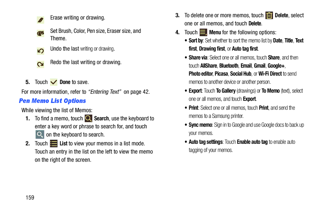 Samsung GT-P7510MAYXAB, GT-P7510UWVXAB, GT-P7510MAVXAB user manual Pen Memo List Options, On the right of the screen 159 