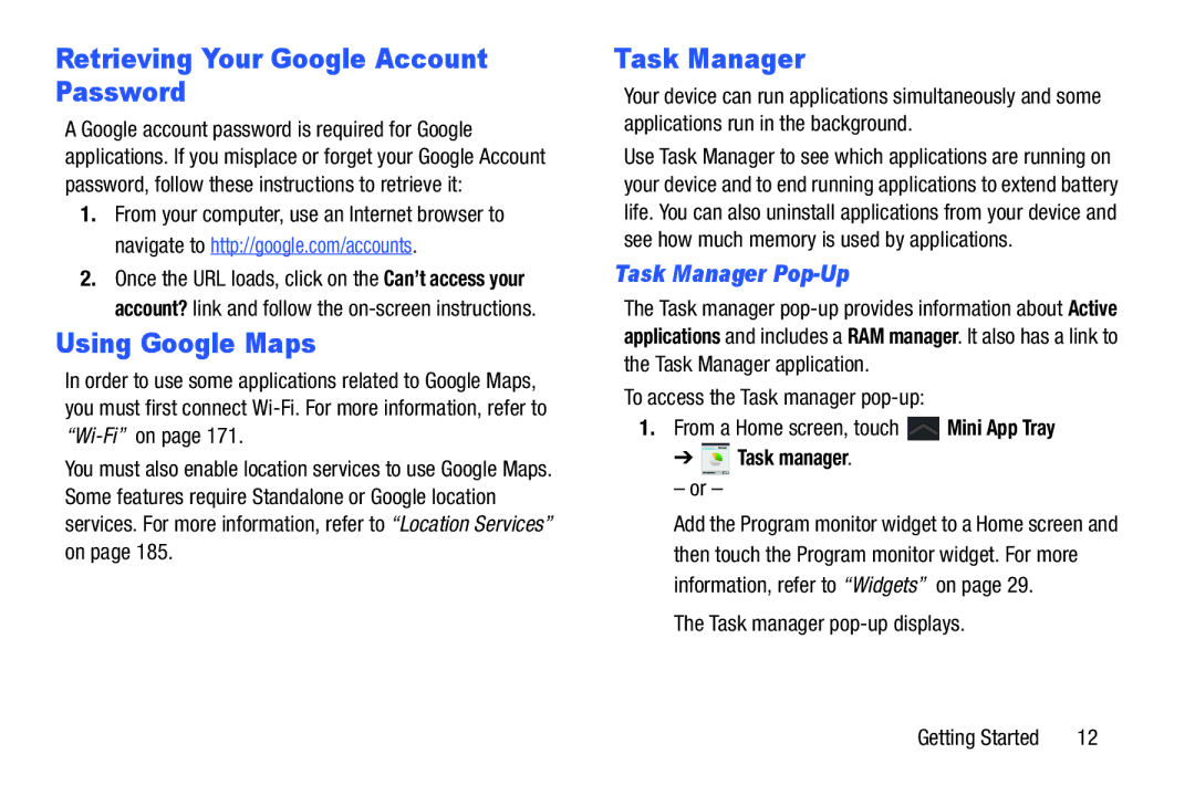 Samsung GT-P7510MAYXAB Retrieving Your Google Account Password, Using Google Maps, Task Manager Pop-Up, Task manager 