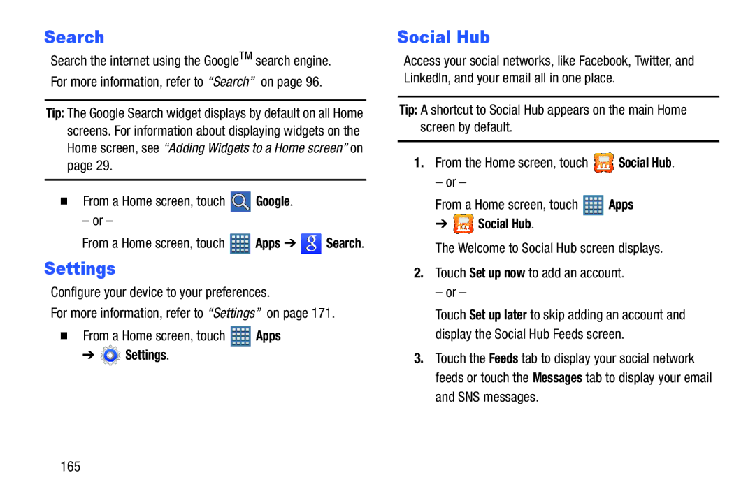 Samsung GT-P7510MAYXAB, GT-P7510UWVXAB, GT-P7510MAVXAB user manual Settings, Social Hub,  From a Home screen, touch Google 
