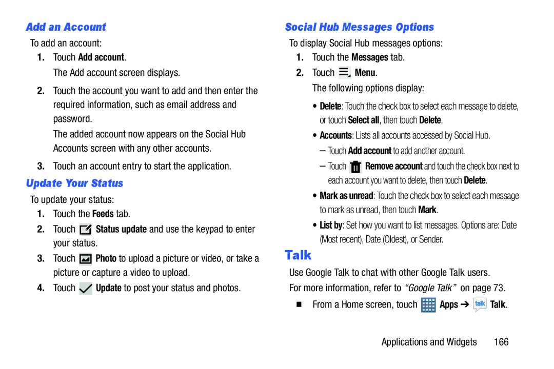 Samsung GT-P7510UWVXAB user manual Talk, Add an Account, Update Your Status, Social Hub Messages Options, Touch Add account 