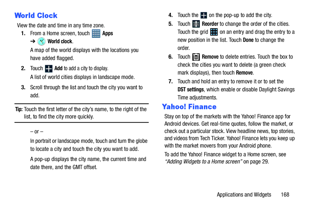 Samsung GT-P7510MAYXAB, GT-P7510UWVXAB, GT-P7510MAVXAB user manual World Clock, Yahoo! Finance, World clock 