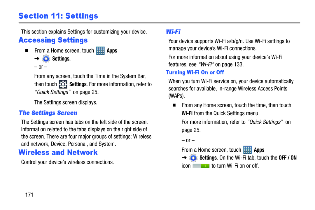 Samsung GT-P7510MAYXAB user manual Accessing Settings, Wireless and Network, Settings Screen, Turning Wi-Fi On or Off 