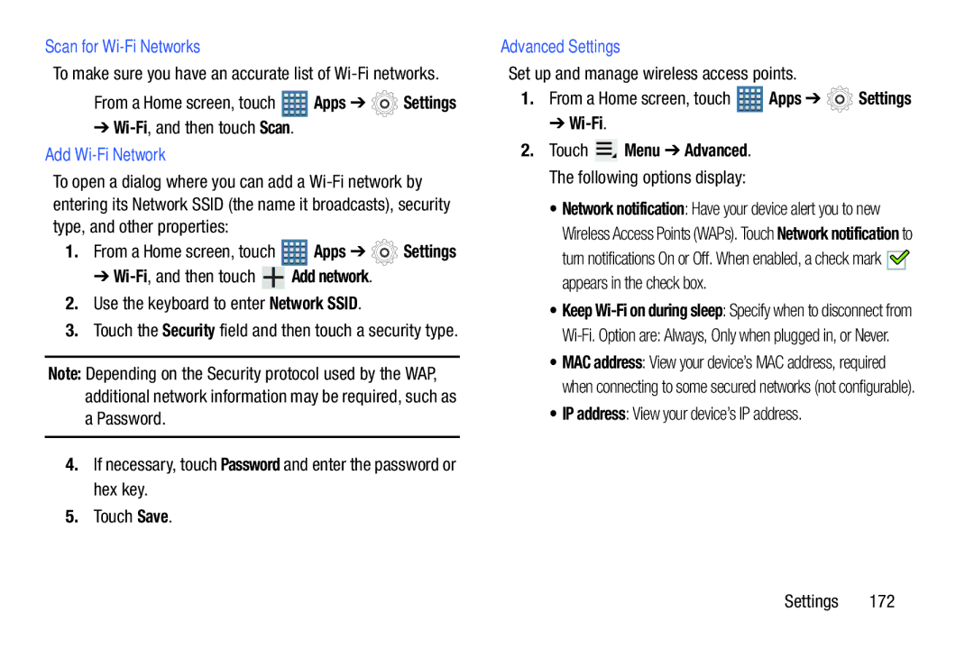 Samsung GT-P7510UWVXAB, GT-P7510MAVXAB, GT-P7510MAYXAB Scan for Wi-Fi Networks, Add Wi-Fi Network, Advanced Settings 