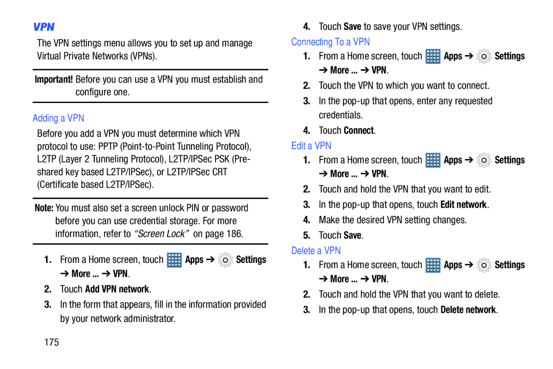 Samsung GT-P7510UWVXAB, GT-P7510MAVXAB, GT-P7510MAYXAB Adding a VPN, Connecting To a VPN, Edit a VPN, Delete a VPN 