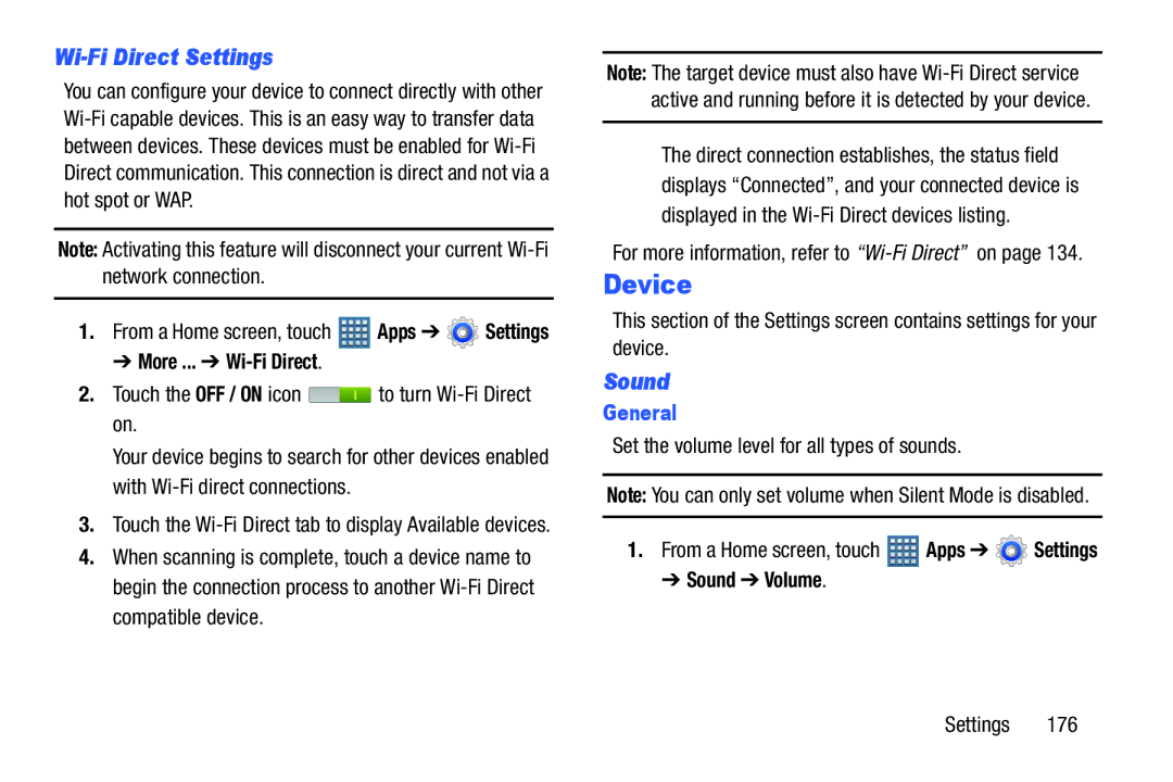 Samsung GT-P7510MAVXAB, GT-P7510UWVXAB, GT-P7510MAYXAB user manual Device, Wi-Fi Direct Settings, General, Sound Volume 