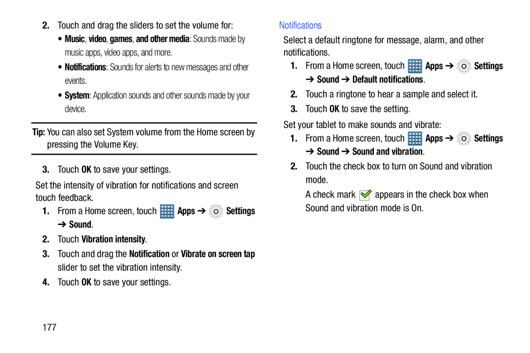 Samsung GT-P7510MAYXAB, GT-P7510UWVXAB Sound Touch Vibration intensity, Notifications, Sound Default notifications 