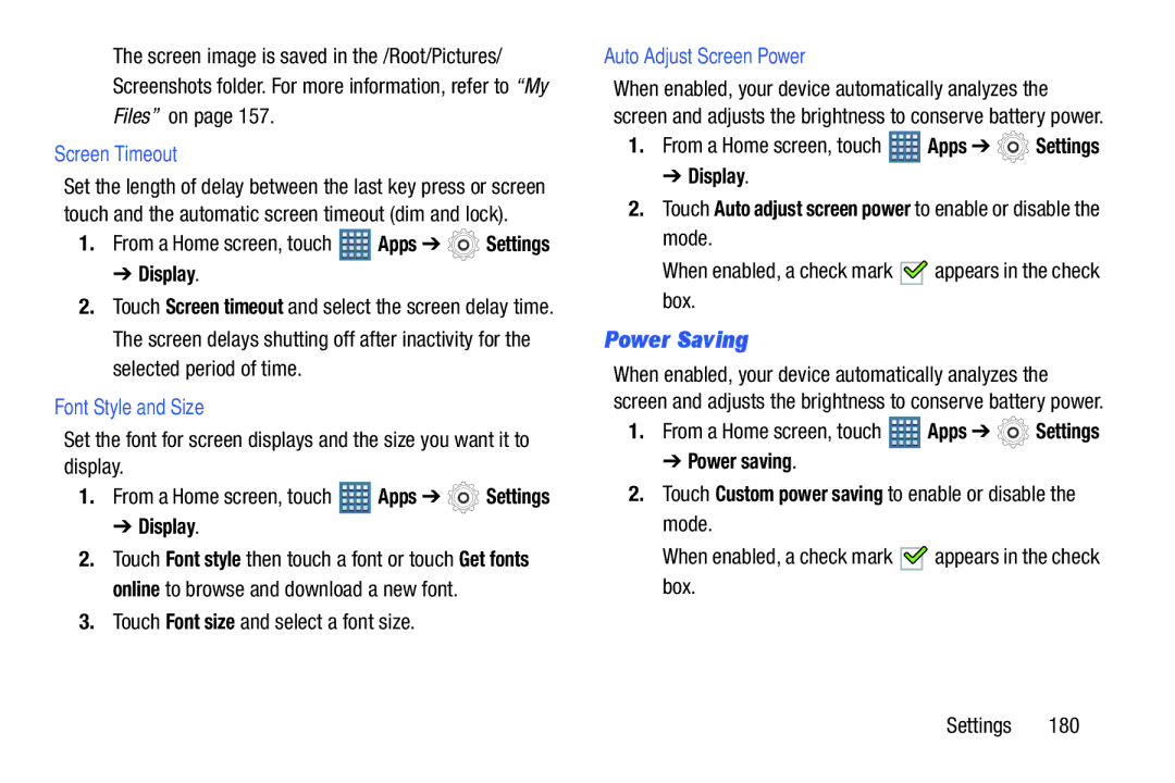 Samsung GT-P7510MAYXAB Power Saving, Screen Timeout, Font Style and Size, Touch Font size and select a font size 