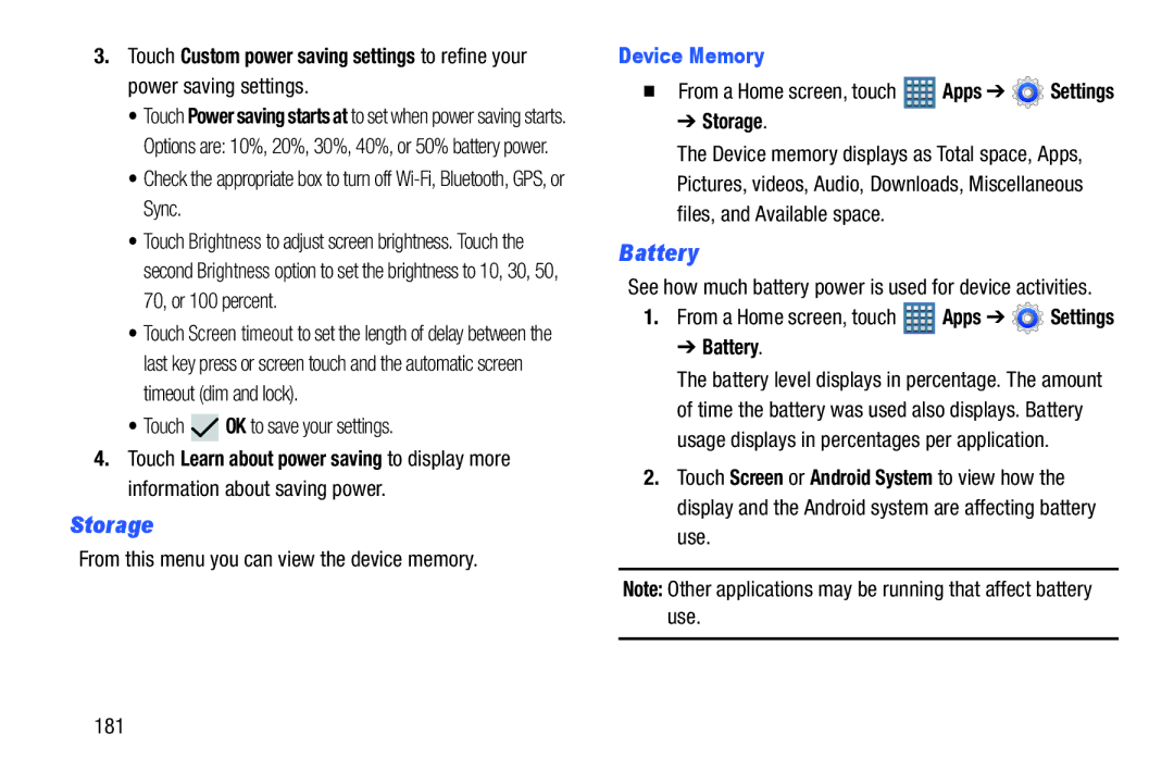 Samsung GT-P7510UWVXAB, GT-P7510MAVXAB, GT-P7510MAYXAB user manual Storage, Battery, Device Memory 