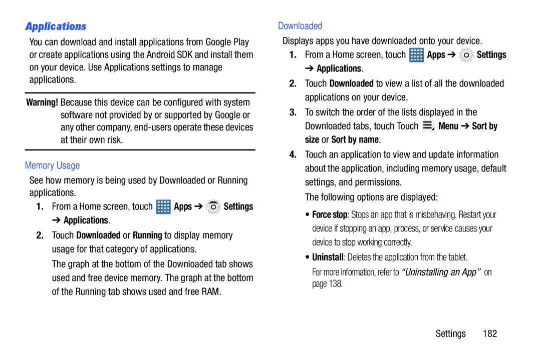 Samsung GT-P7510MAVXAB Applications, Memory Usage, Downloaded, Displays apps you have downloaded onto your device 