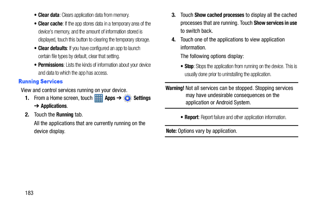 Samsung GT-P7510MAYXAB, GT-P7510UWVXAB user manual Running Services, View and control services running on your device, 183 