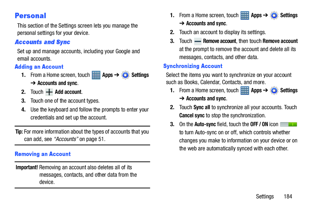 Samsung GT-P7510UWVXAB Personal, Accounts and Sync, Adding an Account, Removing an Account, Synchronizing Account 