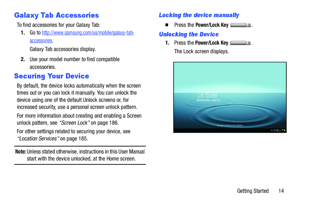 Samsung GT-P7510MAVXAB Galaxy Tab Accessories, Securing Your Device, Locking the device manually, Unlocking the Device 