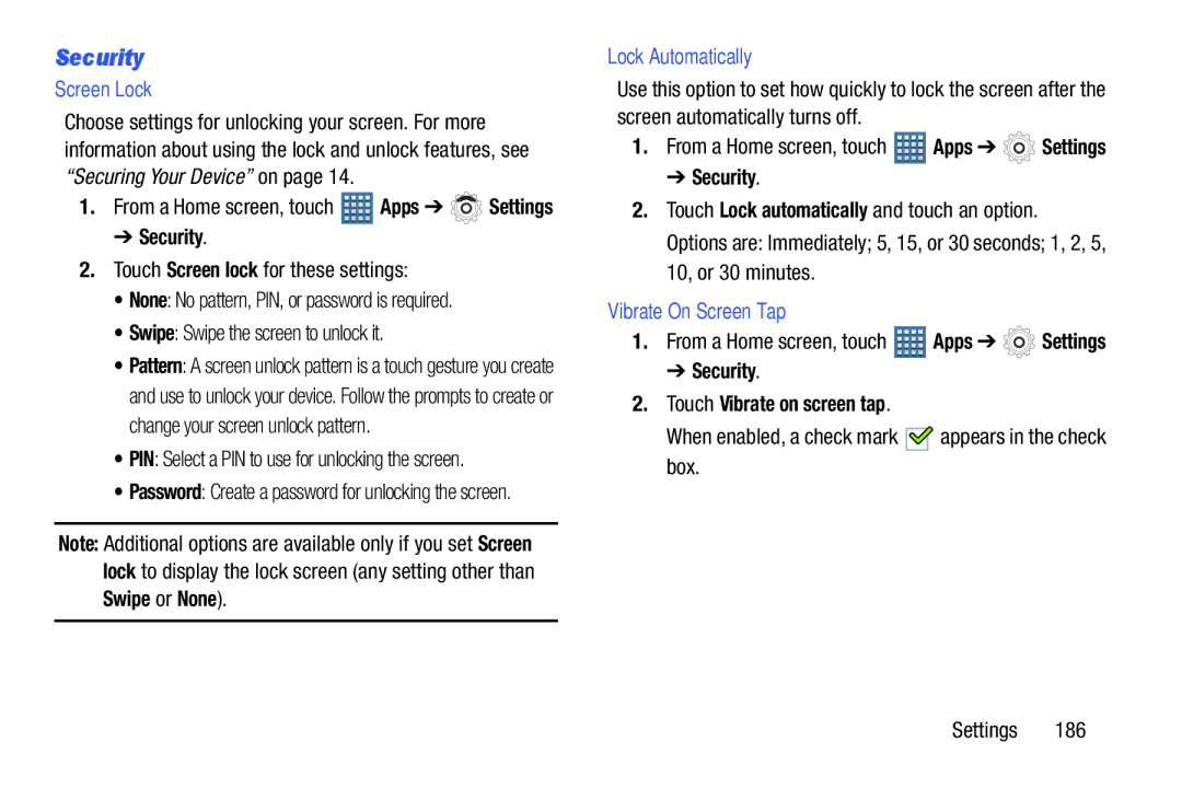 Samsung GT-P7510MAYXAB, GT-P7510UWVXAB, GT-P7510MAVXAB Security, Screen Lock, Lock Automatically, Vibrate On Screen Tap 