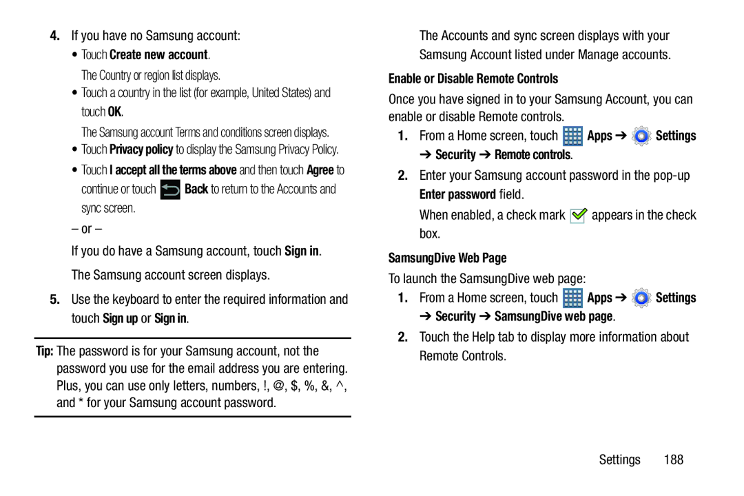 Samsung GT-P7510MAVXAB, GT-P7510UWVXAB Enable or Disable Remote Controls, Security Remote controls, SamsungDive Web 