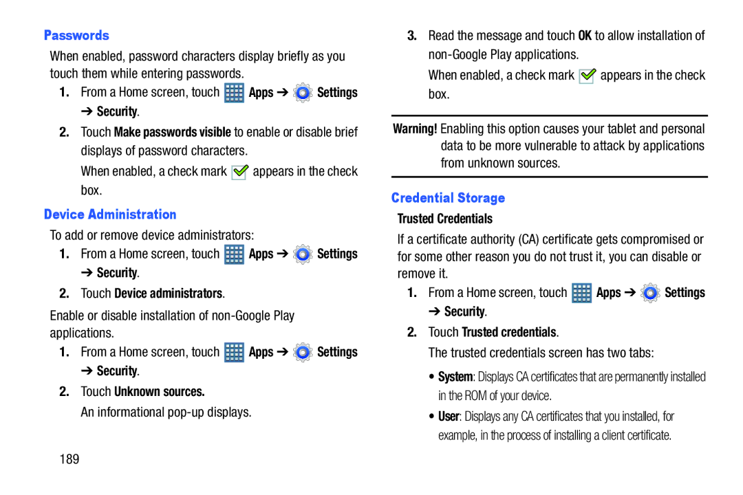 Samsung GT-P7510MAYXAB, GT-P7510UWVXAB, GT-P7510MAVXAB user manual Passwords, Device Administration, Credential Storage 