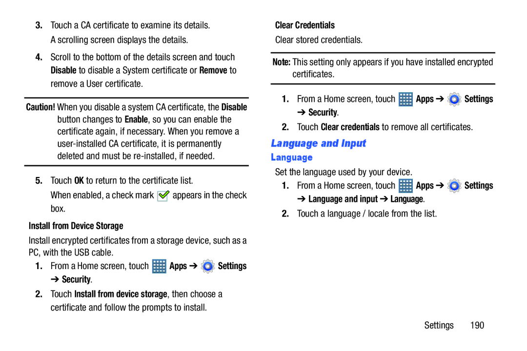 Samsung GT-P7510UWVXAB Language and Input, Install from Device Storage, Clear Credentials, Language and input Language 