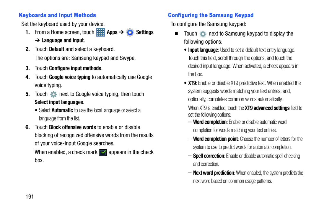 Samsung GT-P7510MAVXAB Keyboards and Input Methods, Set the keyboard used by your device, Language and input, 191 