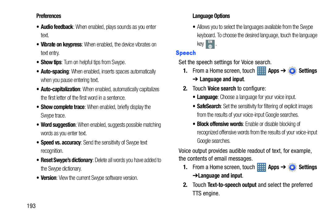 Samsung GT-P7510UWVXAB, GT-P7510MAVXAB, GT-P7510MAYXAB user manual Preferences, Language Options, Speech 