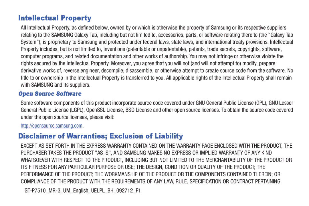 Samsung GT-P7510MAYXAB Intellectual Property, Disclaimer of Warranties Exclusion of Liability, Open Source Software 