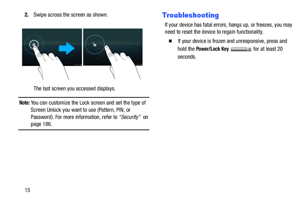 Samsung GT-P7510MAYXAB, GT-P7510UWVXAB, GT-P7510MAVXAB Troubleshooting, Hold the Power/Lock Key for at least 20 seconds 