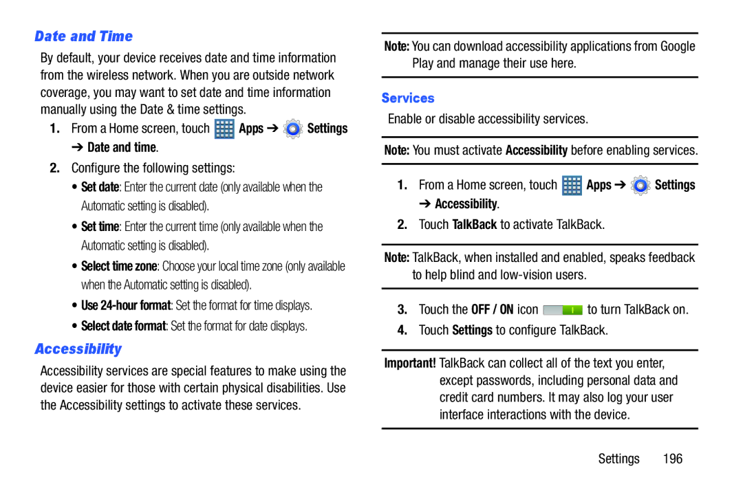 Samsung GT-P7510UWVXAB, GT-P7510MAVXAB, GT-P7510MAYXAB user manual Date and Time, Accessibility, Date and time, Services 