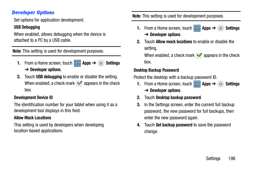 Samsung GT-P7510MAYXAB, GT-P7510UWVXAB, GT-P7510MAVXAB user manual Developer Options 