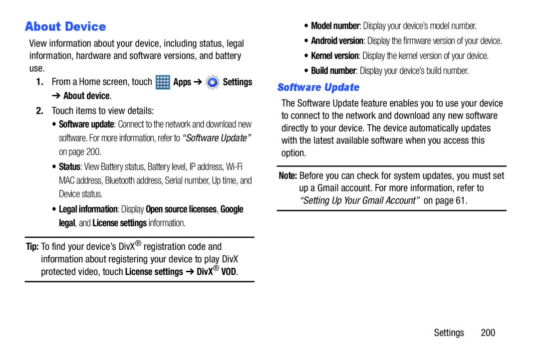 Samsung GT-P7510MAVXAB, GT-P7510UWVXAB user manual About Device, Software Update, About device, Touch items to view details 