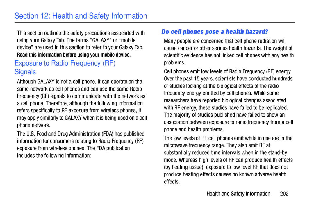 Samsung GT-P7510UWVXAB, GT-P7510MAVXAB Exposure to Radio Frequency RF Signals, Do cell phones pose a health hazard?, 202 