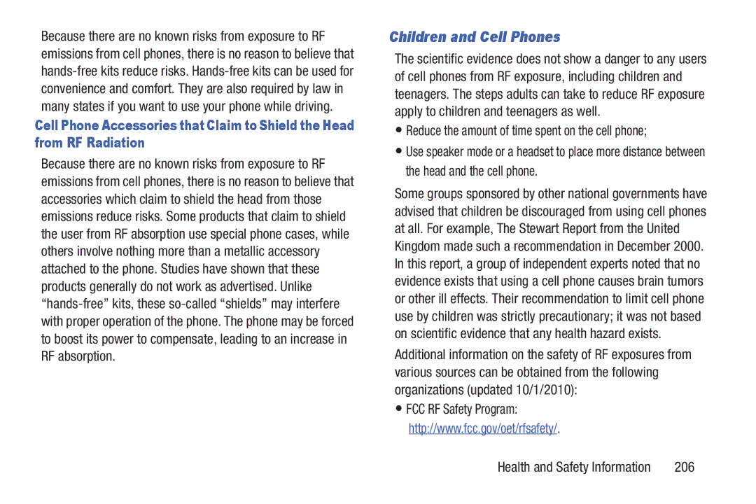 Samsung GT-P7510MAVXAB, GT-P7510UWVXAB, GT-P7510MAYXAB user manual Children and Cell Phones, 206 