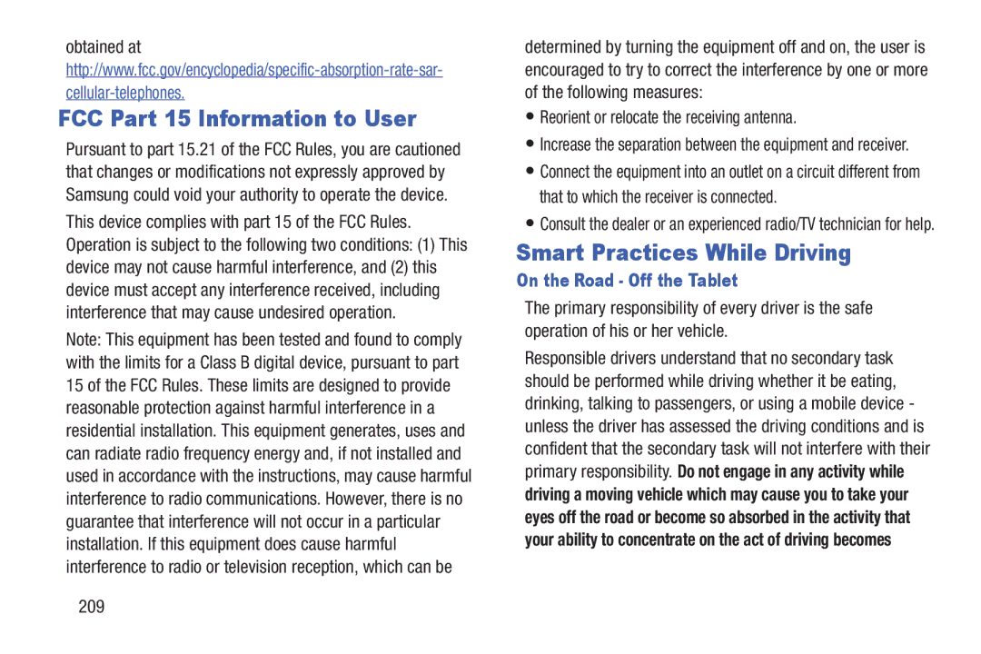 Samsung GT-P7510MAVXAB FCC Part 15 Information to User, Smart Practices While Driving, On the Road Off the Tablet 