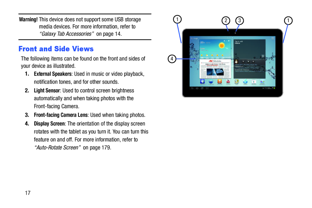 Samsung GT-P7510MAVXAB, GT-P7510UWVXAB user manual Front and Side Views, Front-facing Camera Lens Used when taking photos 