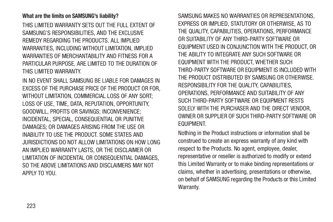 Samsung GT-P7510UWVXAB, GT-P7510MAVXAB, GT-P7510MAYXAB user manual What are the limits on SAMSUNGs liability?, 223 