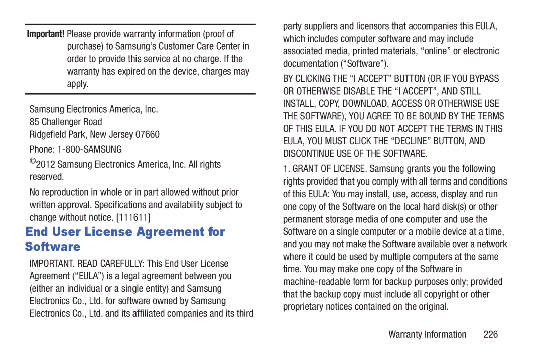 Samsung GT-P7510UWVXAB, GT-P7510MAVXAB, GT-P7510MAYXAB user manual End User License Agreement for Software, 226 