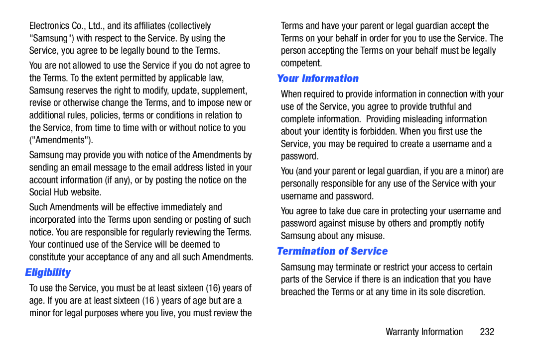 Samsung GT-P7510UWVXAB, GT-P7510MAVXAB, GT-P7510MAYXAB user manual Eligibility, Your Information, Termination of Service, 232 