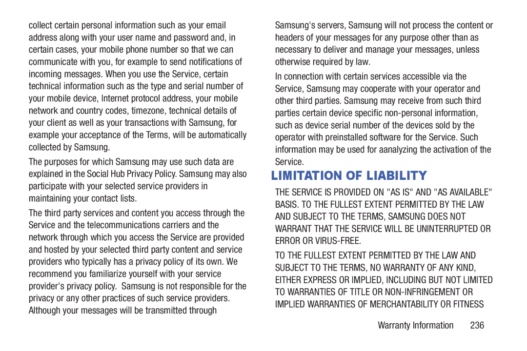 Samsung GT-P7510MAVXAB, GT-P7510UWVXAB, GT-P7510MAYXAB user manual Limitation of Liability, 236 