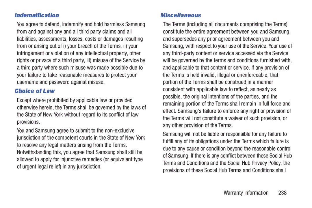 Samsung GT-P7510UWVXAB, GT-P7510MAVXAB, GT-P7510MAYXAB user manual Indemnification, Choice of Law, Miscellaneous, 238 