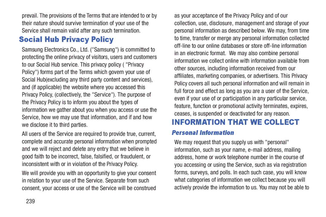 Samsung GT-P7510MAVXAB, GT-P7510UWVXAB, GT-P7510MAYXAB user manual Social Hub Privacy Policy, Personal Information, 239 