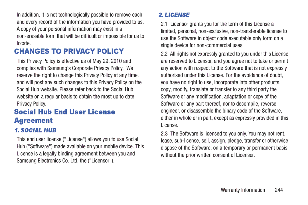 Samsung GT-P7510UWVXAB, GT-P7510MAVXAB, GT-P7510MAYXAB Changes to Privacy Policy, Social Hub End User License Agreement 