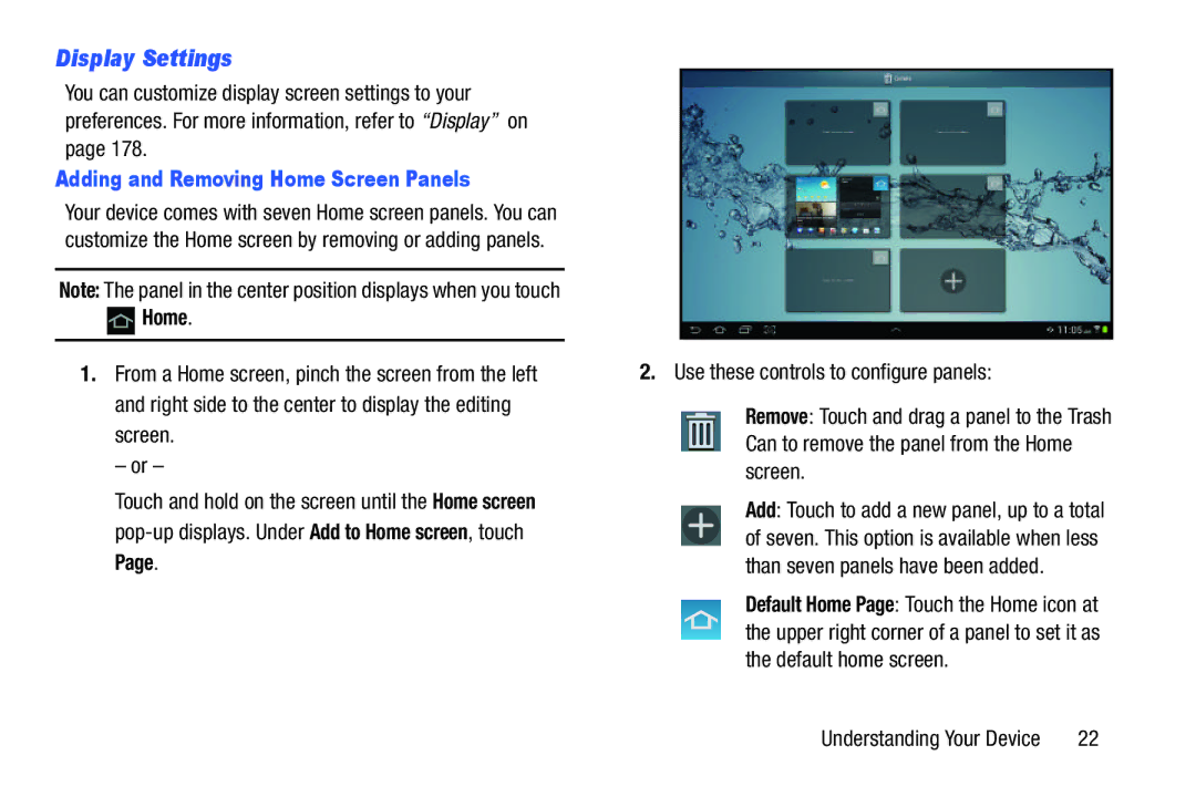 Samsung GT-P7510UWVXAB, GT-P7510MAVXAB, GT-P7510MAYXAB user manual Display Settings, Adding and Removing Home Screen Panels 