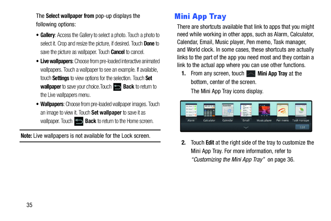 Samsung GT-P7510MAVXAB, GT-P7510UWVXAB Mini App Tray, Select wallpaper from pop-up displays the following options 