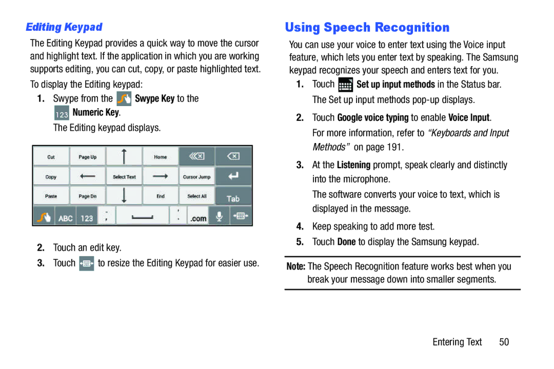 Samsung GT-P7510MAVXAB, GT-P7510UWVXAB Using Speech Recognition, Editing Keypad, Swype from the Swype Key to, Numeric Key 