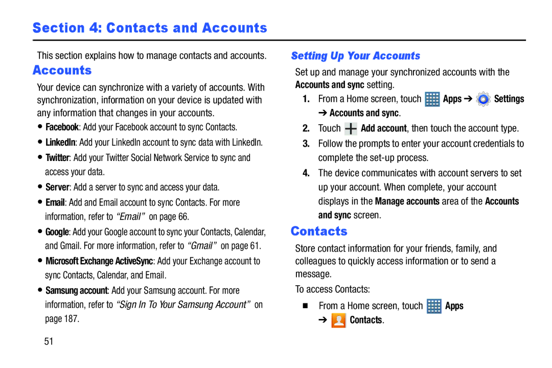 Samsung GT-P7510MAYXAB, GT-P7510UWVXAB, GT-P7510MAVXAB user manual Contacts, Setting Up Your Accounts 