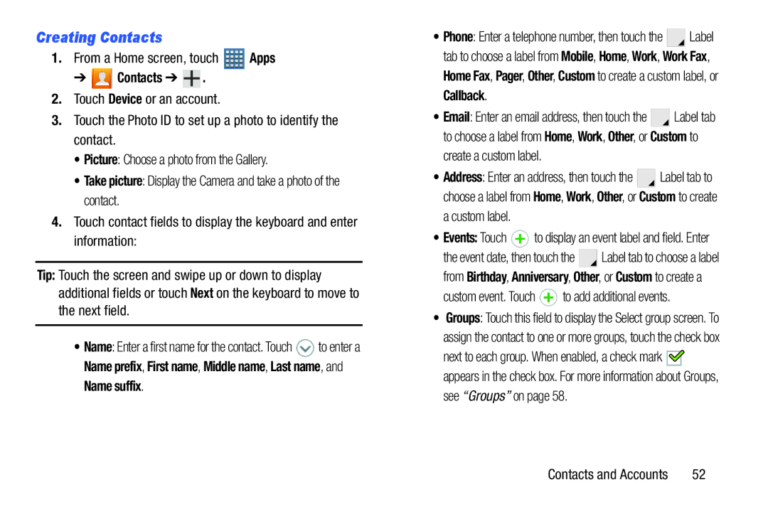 Samsung GT-P7510UWVXAB user manual Creating Contacts, Picture Choose a photo from the Gallery, Information, Name suffix 